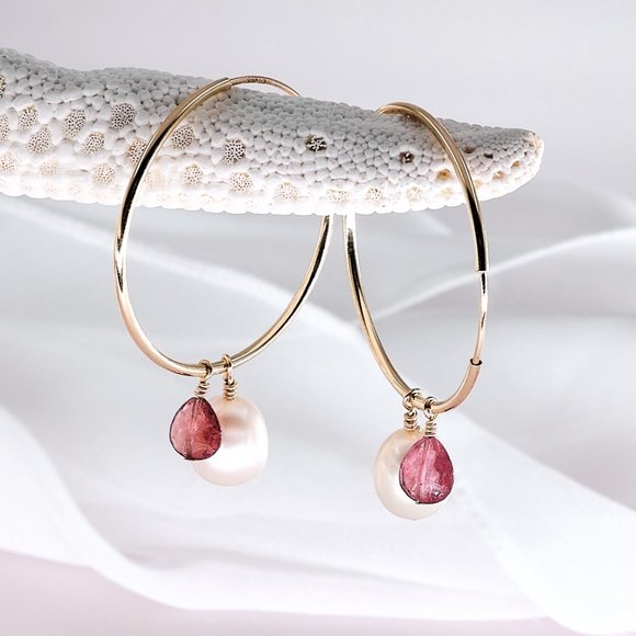 Pearl & Pink Tourmaline Hoop Earrings, 14K Gold Filled Thin Endless Hoops - Picture 5 of 11